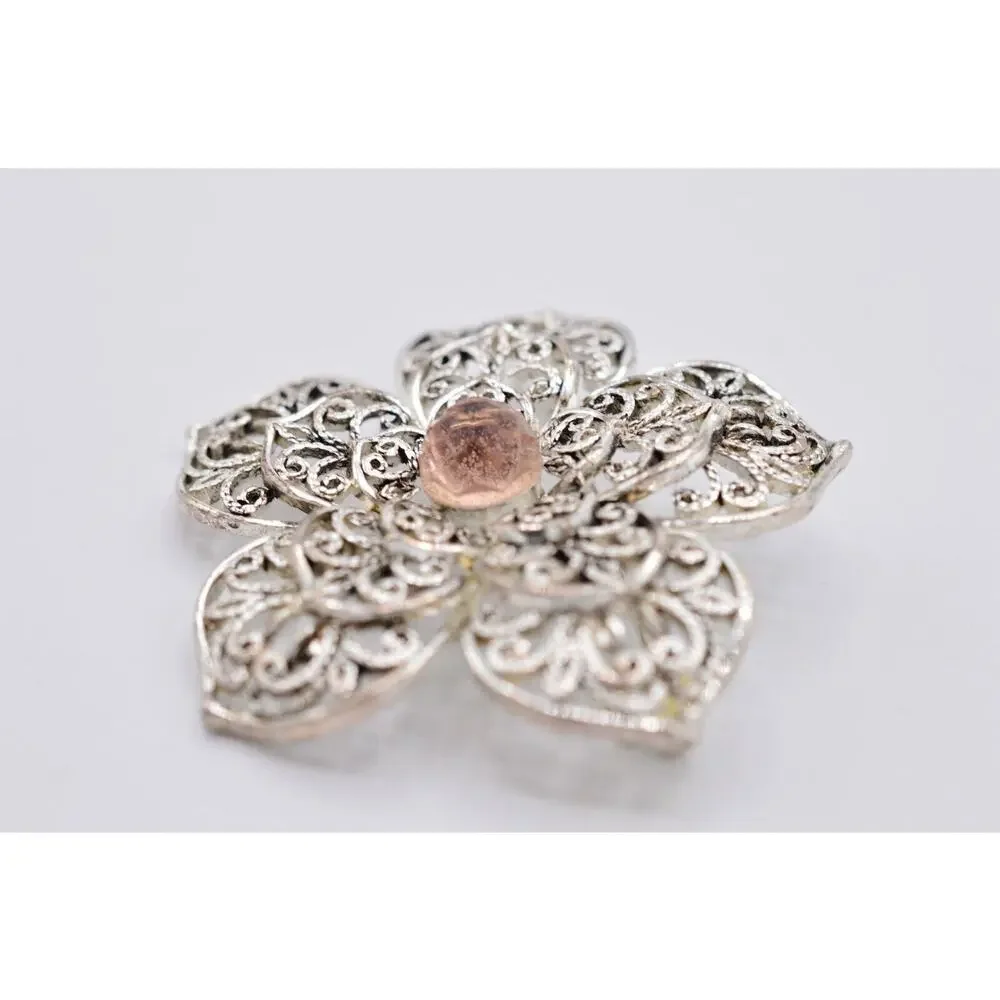 Monet Vintage Pin Brooch Silver Filigree Pink Crystal Flower Shiny Signed Bin5B